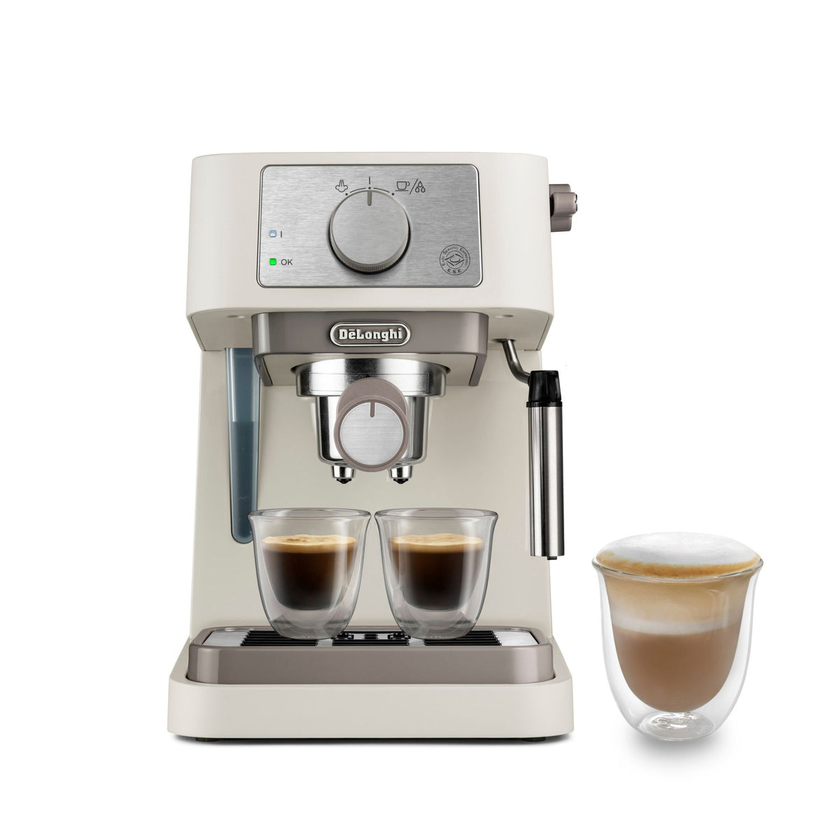 De'Longhi Stilosa Espresso Maker - Cream - front view with two espressos and a cappuccino