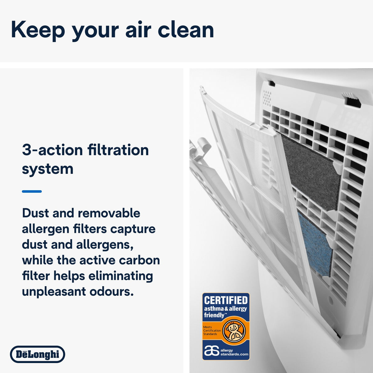 De'Longhi Tasciugo AriaDry Multi Dehumidifier 12L/day - White - 3-action filtration system
