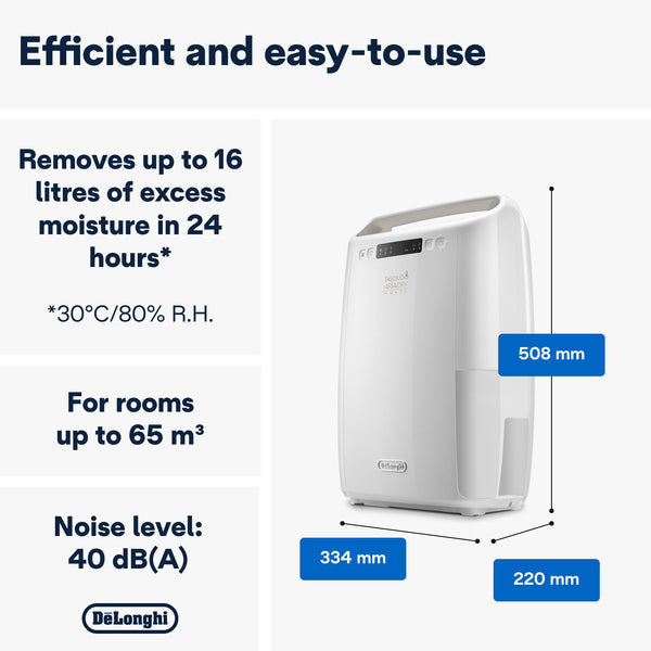 De'Longhi Tasciugo AriaDry Multi Dehumidifier 14L/day - White - efficient design, up to 16 litres a day, with dimensions