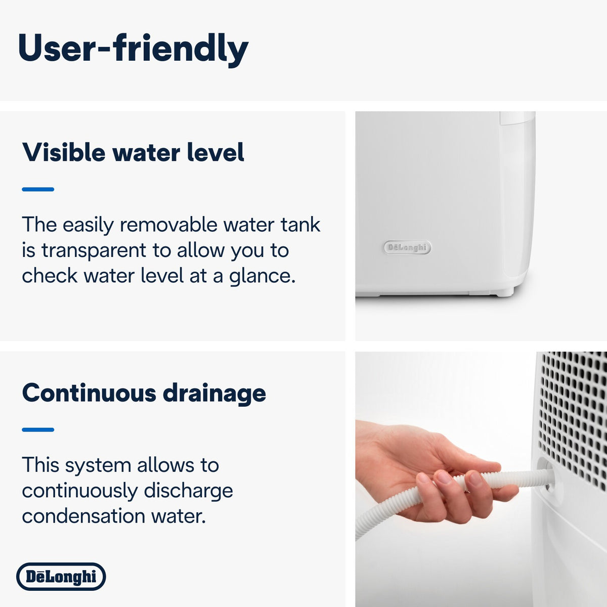 De'Longhi Tasciugo AriaDry Multi Dehumidifier 14L/day - White - visible water level and continuous drainage