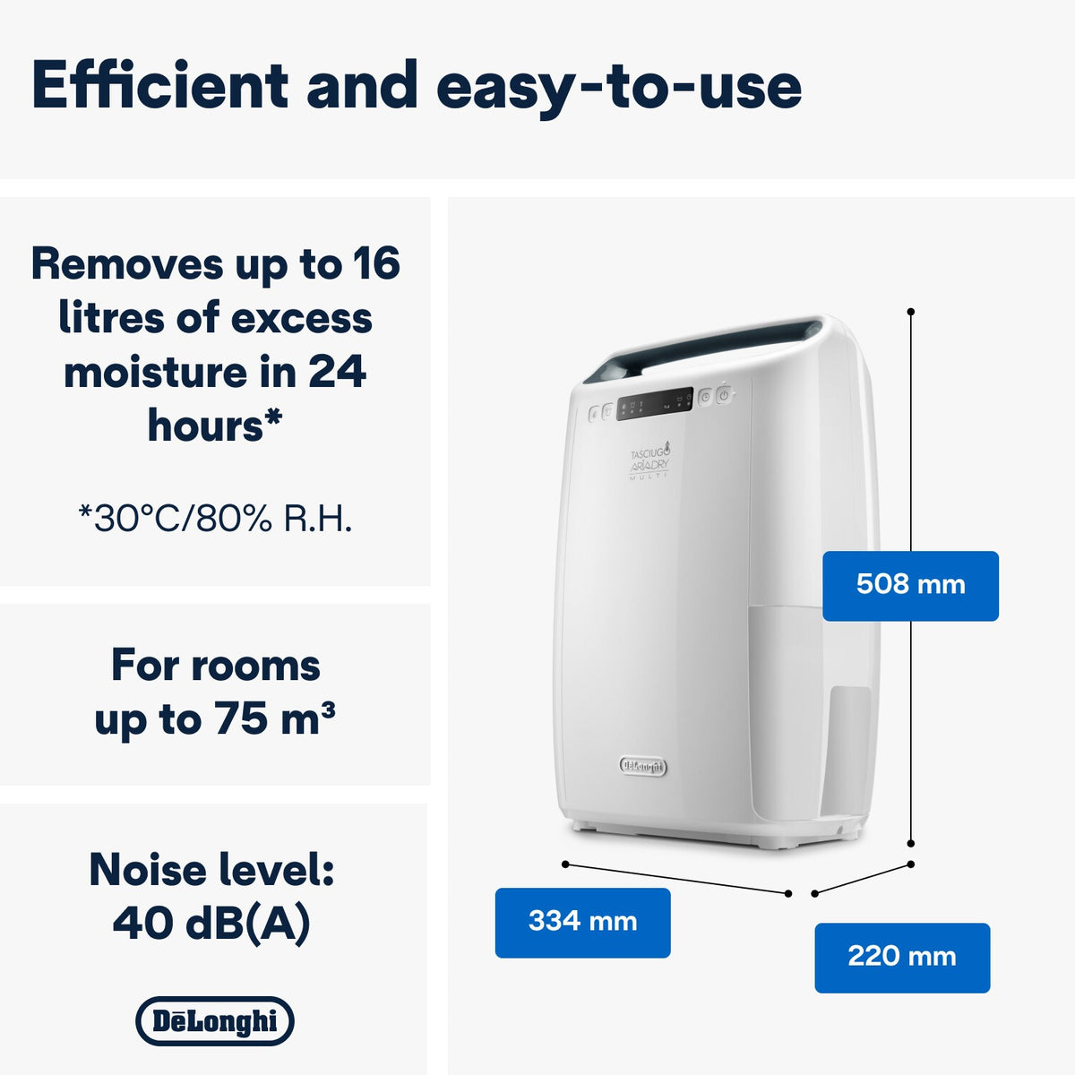 De'Longhi Tasciugo AriaDry Multi Dehumidifier - White - up to 16 litres a day, rooms up to 75m2, with dimensions