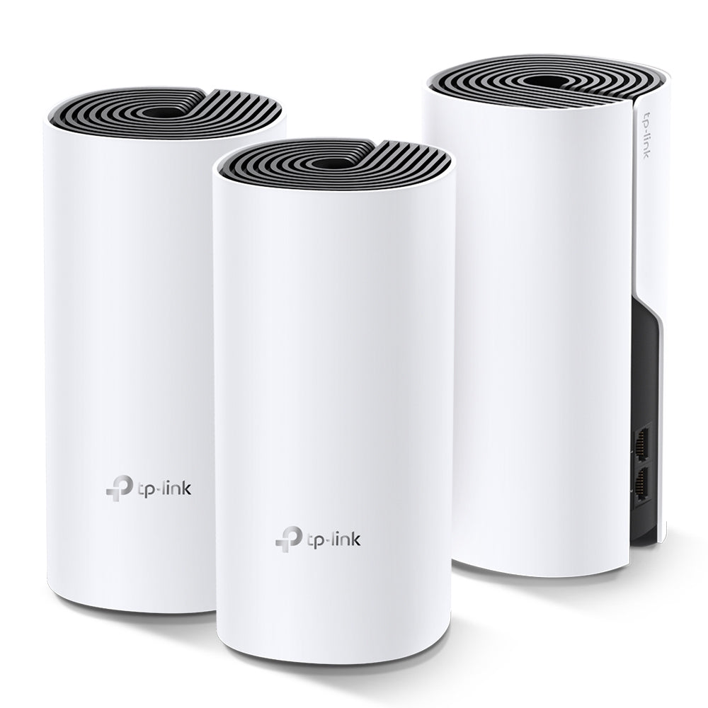 TP-Link Deco M4, three units — angled view showing one unit's port panel