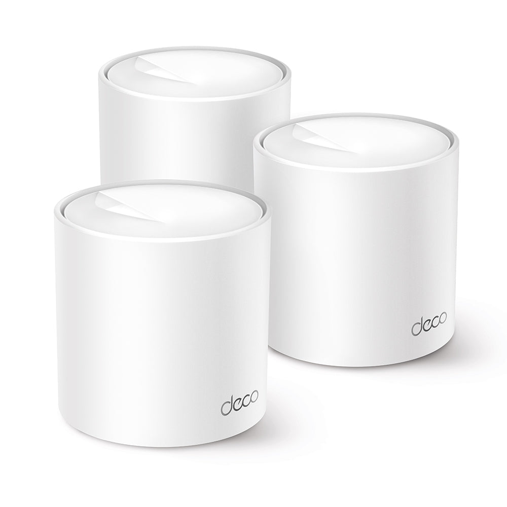 TP-Link Deco X1500 (Deco X10 hardware) mesh Wi-Fi 6 system, three units — front view