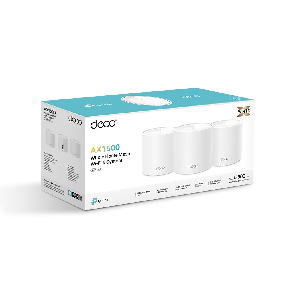 TP-Link Deco X1500 retail packaging (printed 'AX1500 Whole Home Mesh Wi-Fi 6 System') showing three units