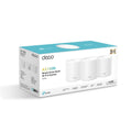 TP-Link Deco X1500 retail packaging (printed 'AX1500 Whole Home Mesh Wi-Fi 6 System') showing three units