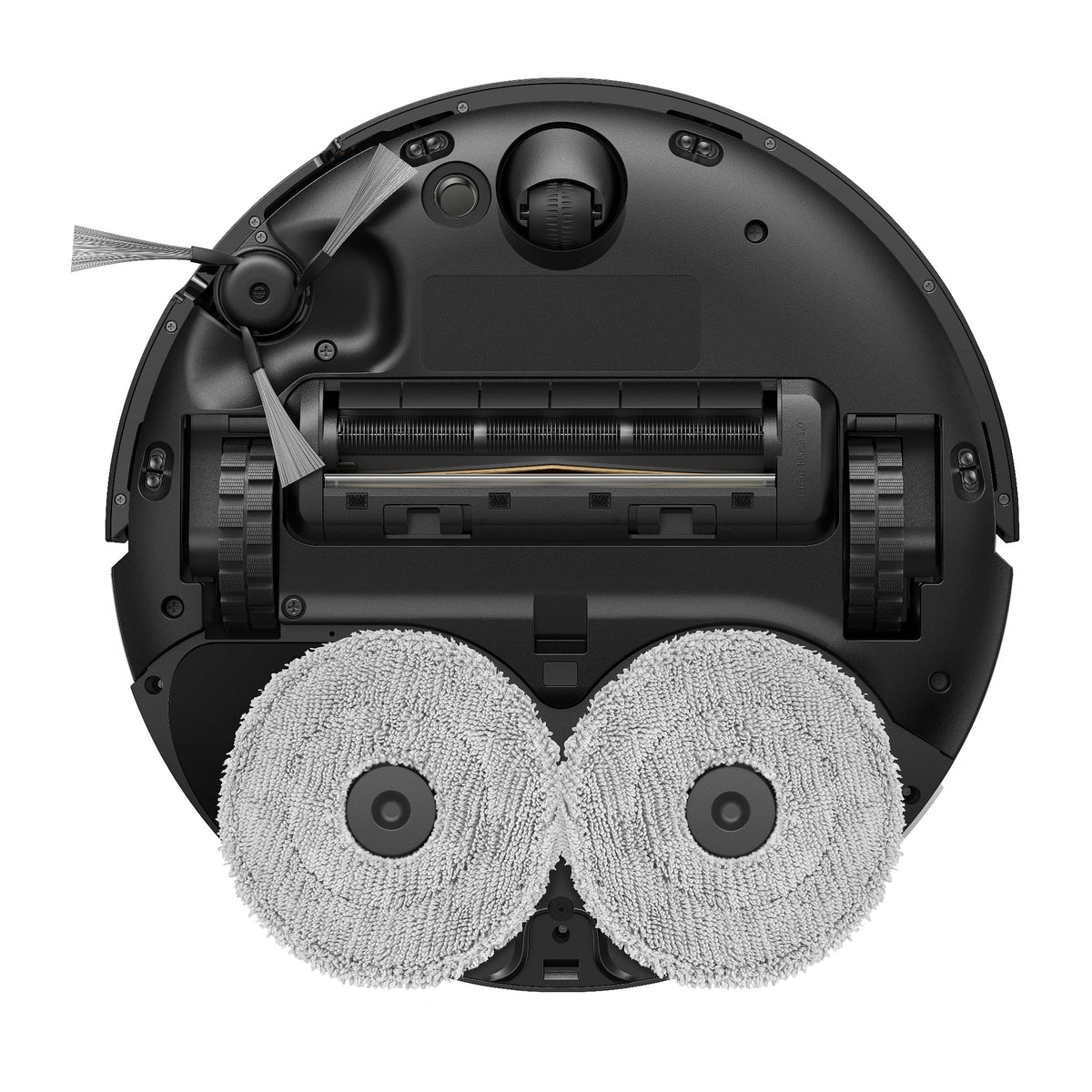 Dreame L50 Ultra AE Robot Vacuum and Mop - White - underside showing the main brush, wheels and two mop pads