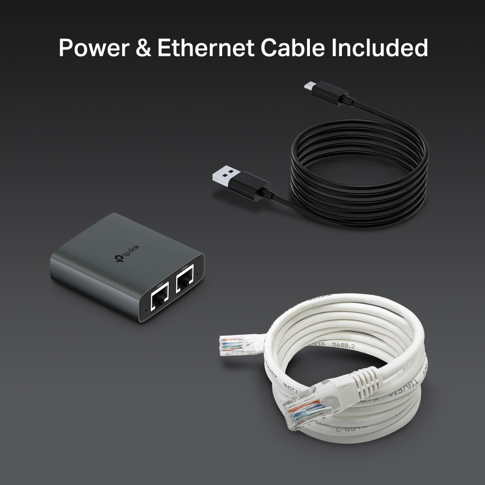 TP-Link EH210 1 to 2 Gigabit Ethernet Splitter — product with included USB and Ethernet cables laid out