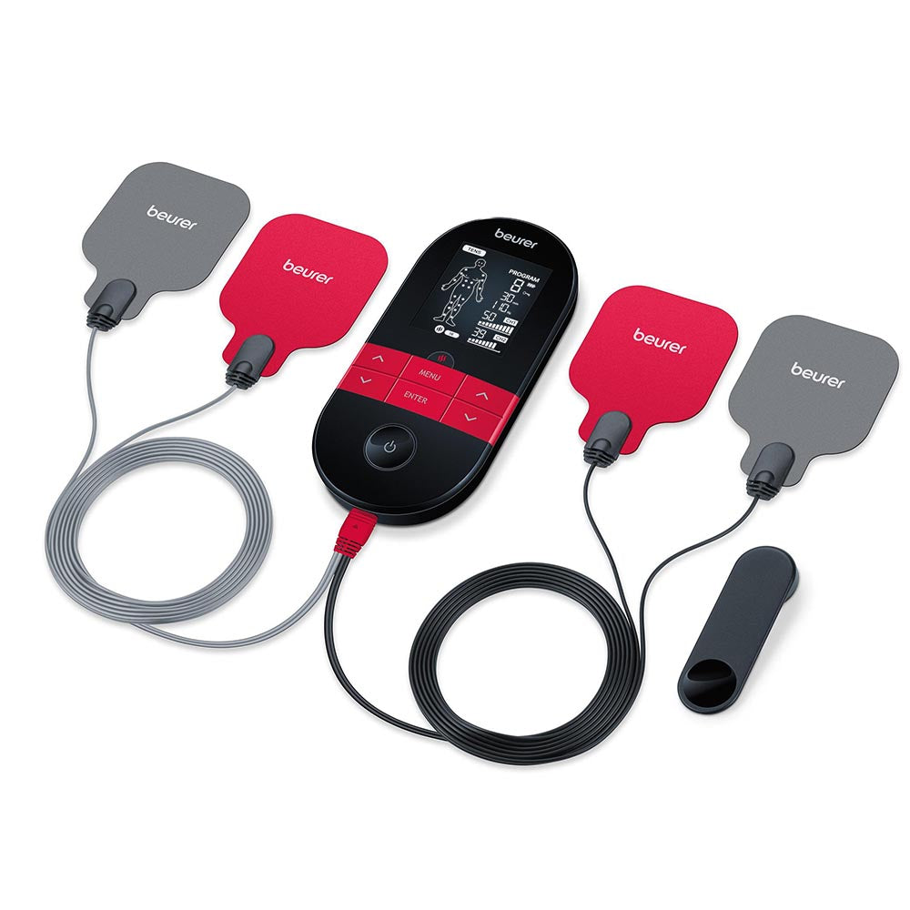 Beurer EM 59 Heat TENS/EMS device, Black — angled view with display lit showing EMS program