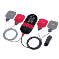 Beurer EM 59 Heat TENS/EMS device, Black — angled view with display lit showing EMS program