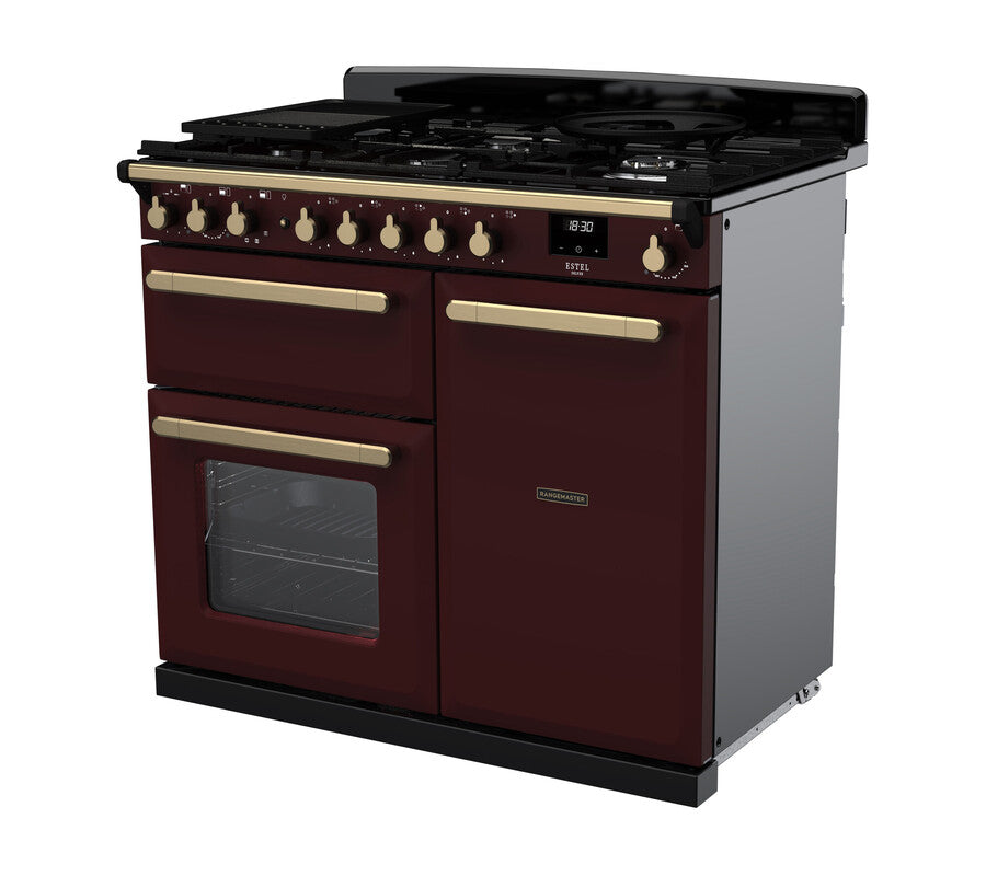 Rangemaster Estel Deluxe 100 Dual Fuel range cooker in Bordeaux with Antique Brass trim