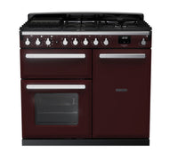 Rangemaster Estel Deluxe 100 Dual Fuel range cooker in Bordeaux with Chrome trim