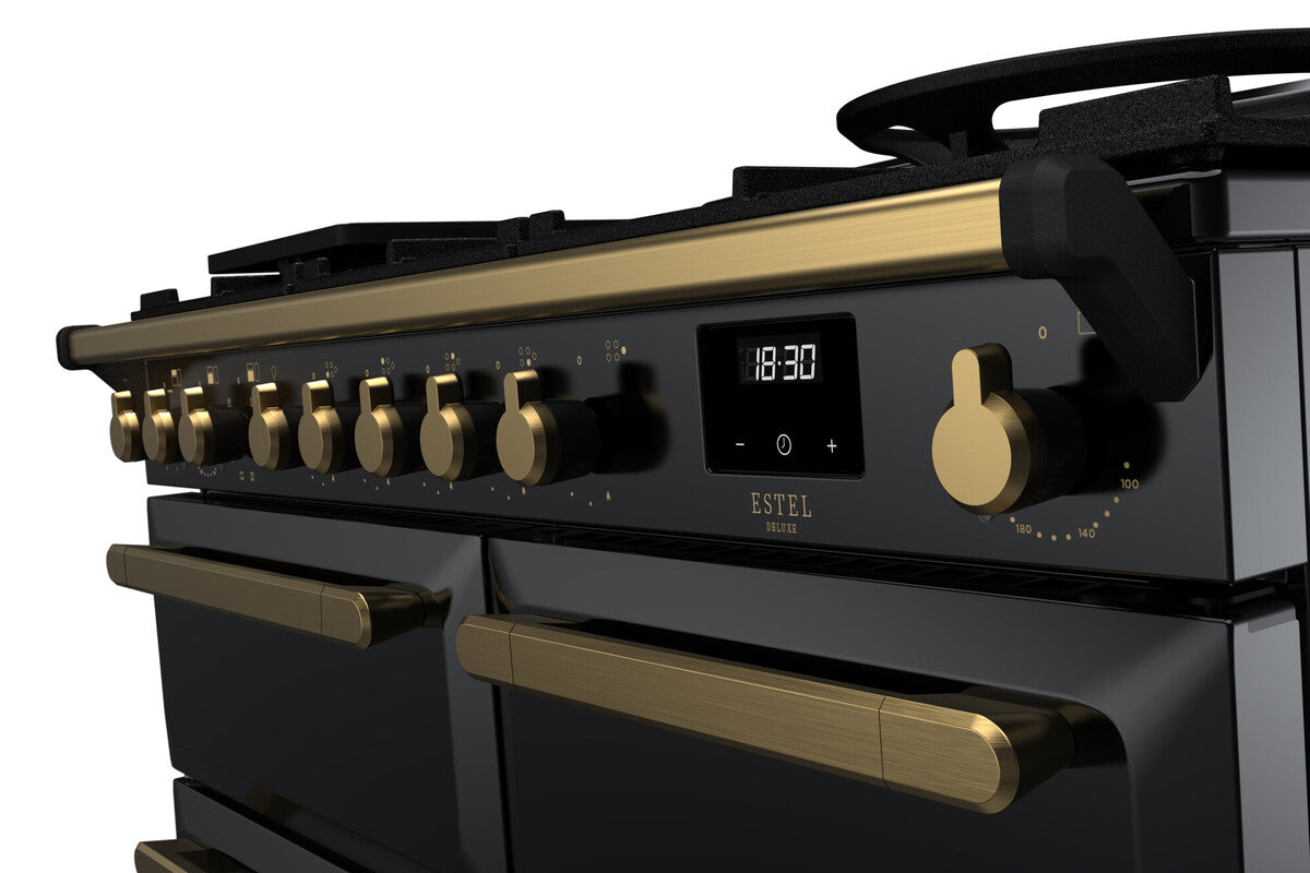 Rangemaster Estel Deluxe 100 Dual Fuel range cooker in Gloss Black with Antique Brass trim