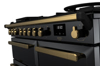 Rangemaster Estel Deluxe 100 Dual Fuel range cooker in Gloss Black with Antique Brass trim