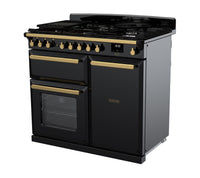 Rangemaster Estel Deluxe 100 Dual Fuel range cooker in Gloss Black with Antique Brass trim