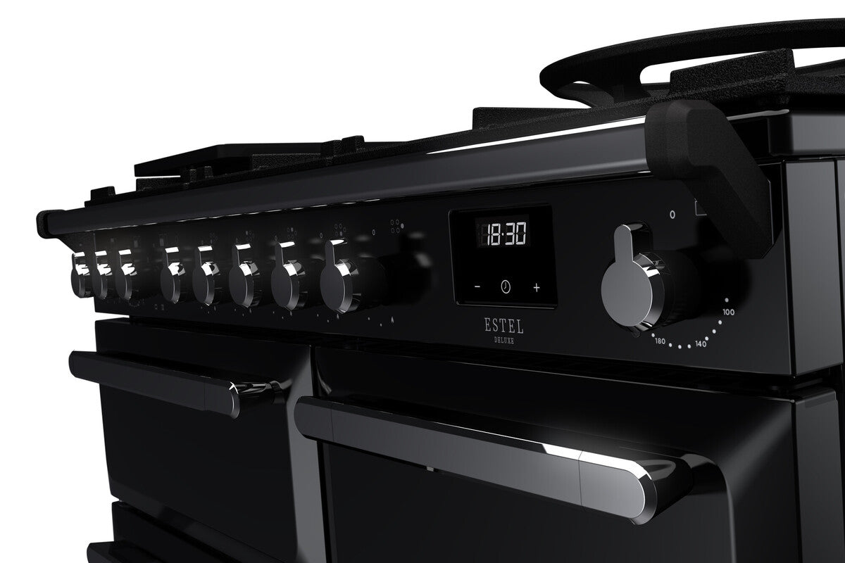 Rangemaster Estel Deluxe 100 Dual Fuel range cooker in Gloss Black with Chrome trim