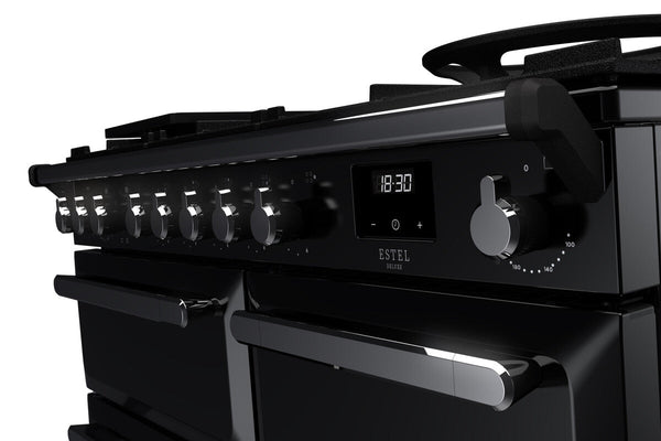 Rangemaster Estel Deluxe 100 Dual Fuel range cooker in Gloss Black with Chrome trim