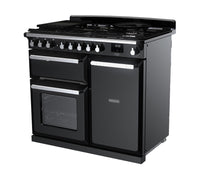 Rangemaster Estel Deluxe 100 Dual Fuel range cooker in Gloss Black with Chrome trim