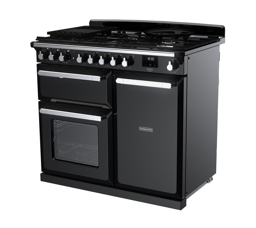 Rangemaster Estel Deluxe 100 Dual Fuel range cooker in Gloss Black with Chrome trim
