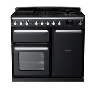 Rangemaster Estel Deluxe 100 Dual Fuel range cooker in Gloss Black with Chrome trim