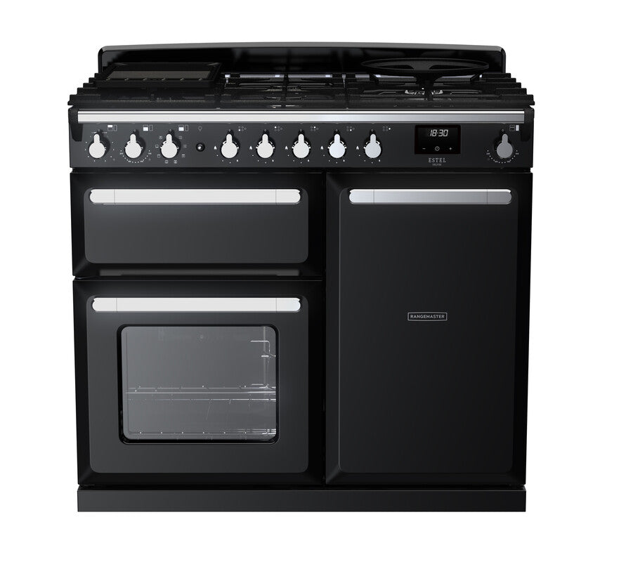 Rangemaster Estel Deluxe 100 Dual Fuel range cooker in Gloss Black with Chrome trim