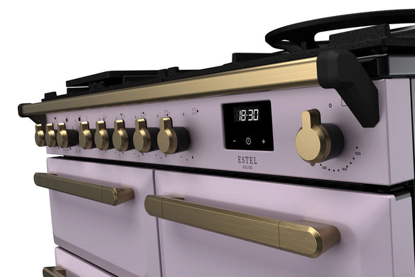 Rangemaster Estel Deluxe 100 Dual Fuel range cooker in Heather with Antique Brass trim