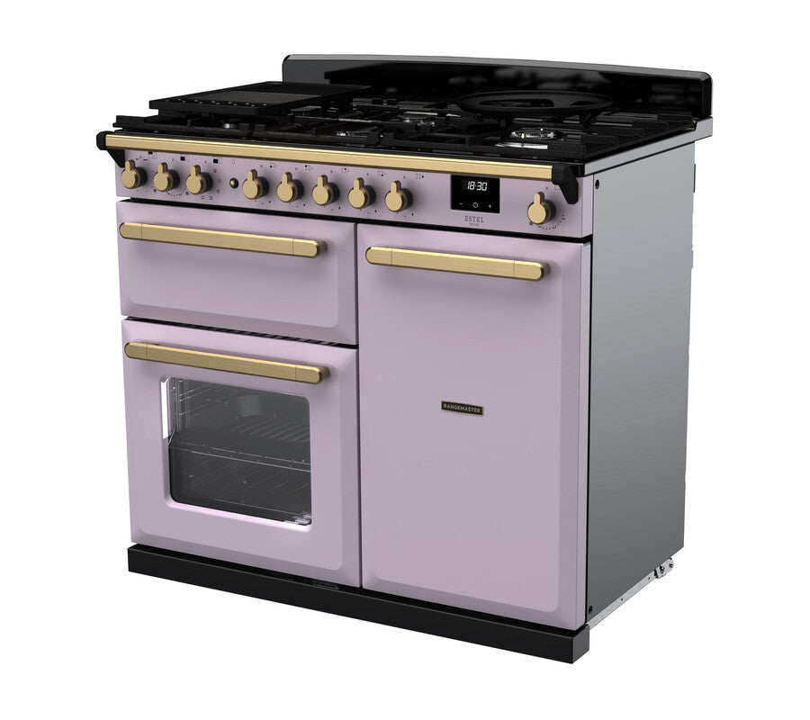 Rangemaster Estel Deluxe 100 Dual Fuel range cooker in Heather with Antique Brass trim