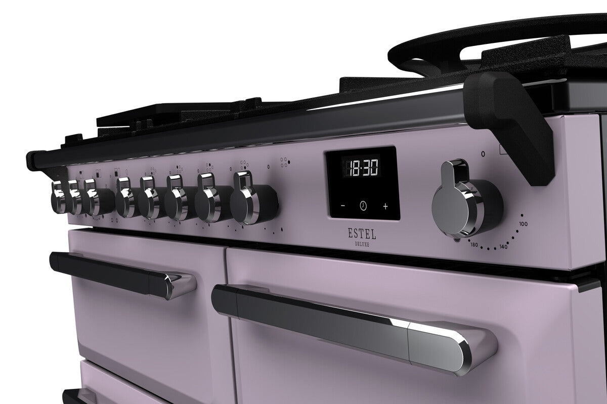 Rangemaster Estel Deluxe 100 Dual Fuel range cooker in Heather with Chrome trim