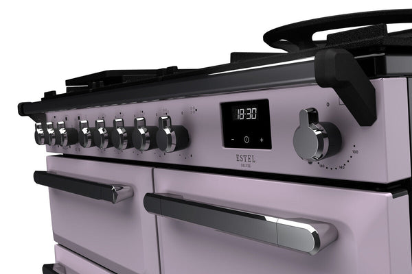 Rangemaster Estel Deluxe 100 Dual Fuel range cooker in Heather with Chrome trim