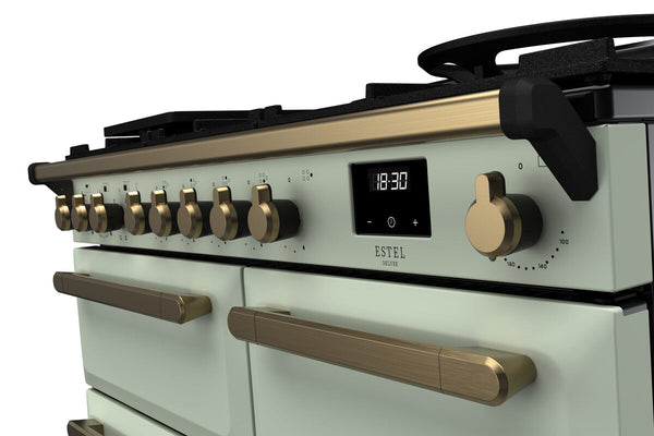 Rangemaster Estel Deluxe 100 Dual Fuel range cooker in Mint with Antique Brass trim