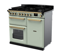 Rangemaster Estel Deluxe 100 Dual Fuel range cooker in Mint with Antique Brass trim