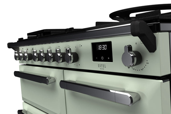 Rangemaster Estel Deluxe 100 Dual Fuel range cooker in Mint with Chrome trim