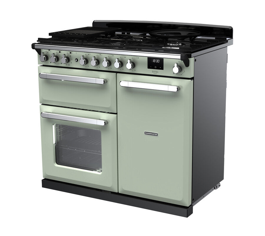 Rangemaster Estel Deluxe 100 Dual Fuel range cooker in Mint with Chrome trim