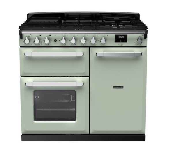 Rangemaster Estel Deluxe 100 Dual Fuel range cooker in Mint with Chrome trim