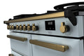 Rangemaster Estel Deluxe 100 Dual Fuel range cooker in Misty Blue with Antique Brass trim