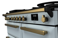 Rangemaster Estel Deluxe 100 Dual Fuel range cooker in Misty Blue with Antique Brass trim