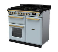 Rangemaster Estel Deluxe 100 Dual Fuel range cooker in Misty Blue with Antique Brass trim