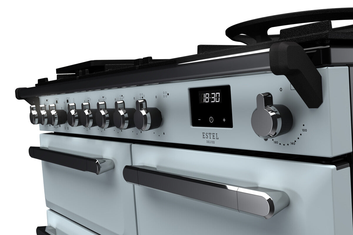 Rangemaster Estel Deluxe 100 Dual Fuel range cooker in Misty Blue with Chrome trim