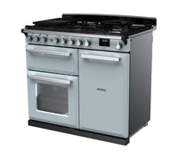 Rangemaster Estel Deluxe 100 Dual Fuel range cooker in Misty Blue with Chrome trim