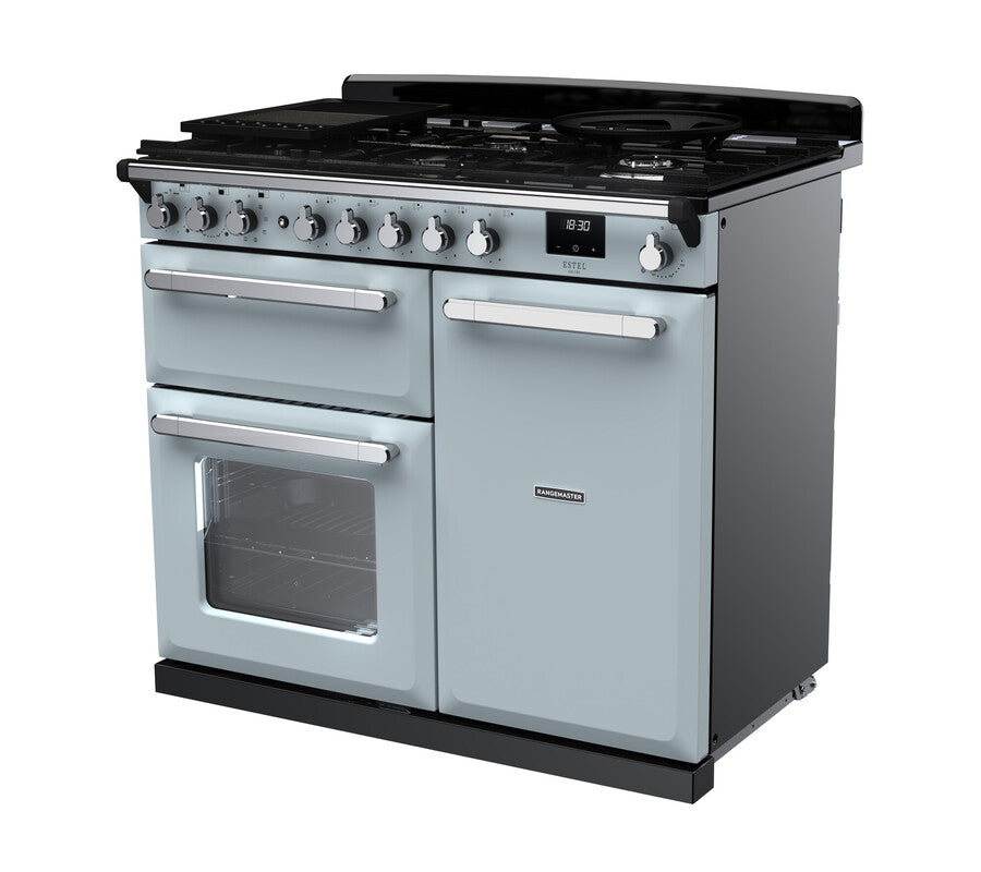 Rangemaster Estel Deluxe 100 Dual Fuel range cooker in Misty Blue with Chrome trim