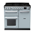 Rangemaster Estel Deluxe 100 Dual Fuel range cooker in Misty Blue with Chrome trim