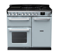 Rangemaster Estel Deluxe 100 Dual Fuel range cooker in Misty Blue with Chrome trim