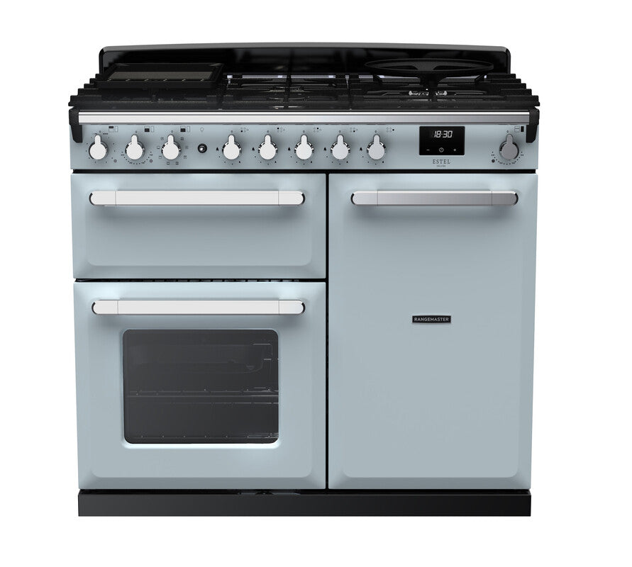 Rangemaster Estel Deluxe 100 Dual Fuel range cooker in Misty Blue with Chrome trim