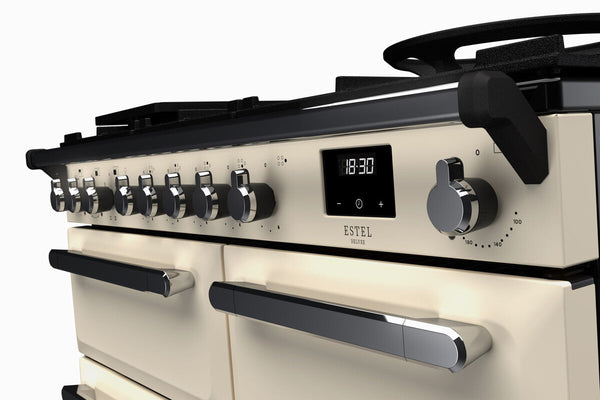 Rangemaster Estel Deluxe 100 Dual Fuel range cooker in Pale Cream with Chrome trim