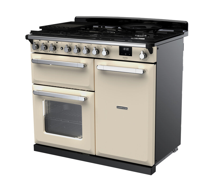 Rangemaster Estel Deluxe 100 Dual Fuel range cooker in Pale Cream with Chrome trim