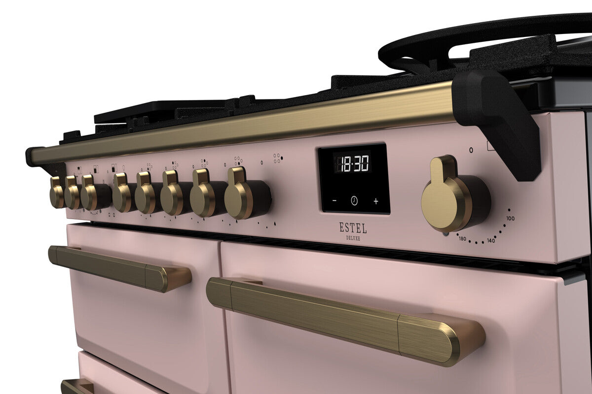 Rangemaster Estel Deluxe 100 Dual Fuel range cooker in Pale Pink with Antique Brass trim
