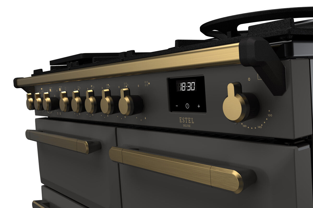 Rangemaster Estel Deluxe 100 Dual Fuel range cooker in Slate with Antique Brass trim