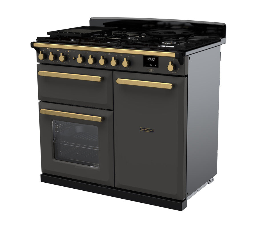 Rangemaster Estel Deluxe 100 Dual Fuel range cooker in Slate with Antique Brass trim