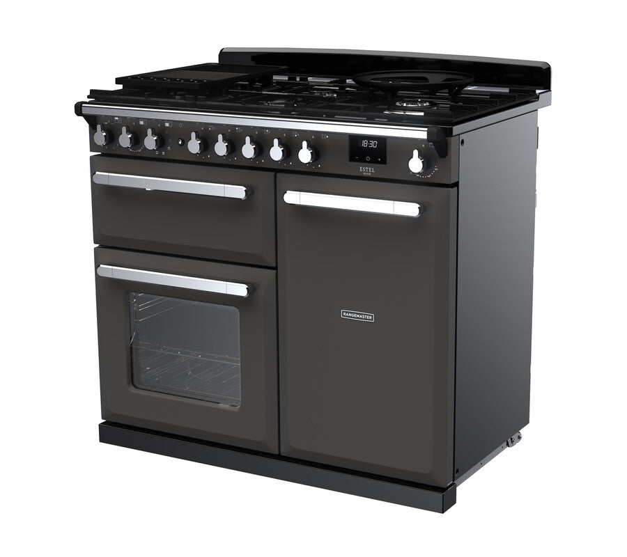 Rangemaster Estel Deluxe 100 Dual Fuel range cooker in Slate with Chrome trim