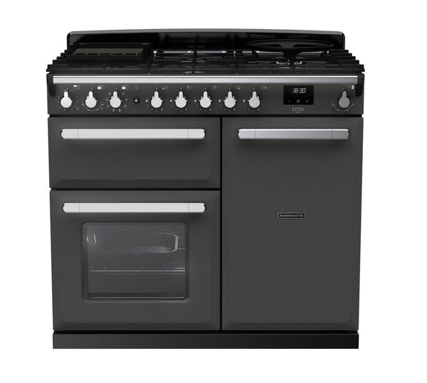 Rangemaster Estel Deluxe 100 Dual Fuel range cooker in Slate with Chrome trim