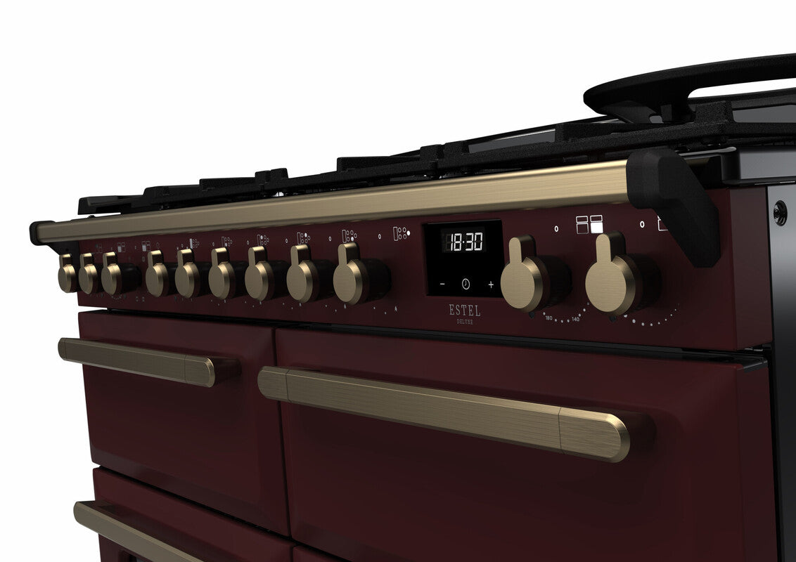 Rangemaster Estel Deluxe 110 Dual Fuel range cooker in Bordeaux with Antique Brass trim